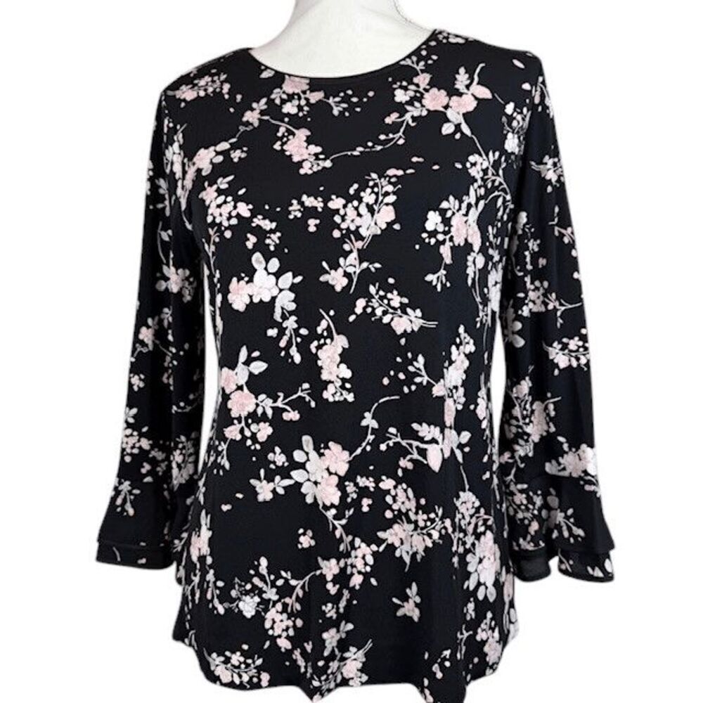 NWT Karl‎ Lagerfeld Yessie Blouse Black with Pink Floral Trumpet Sleeve Small